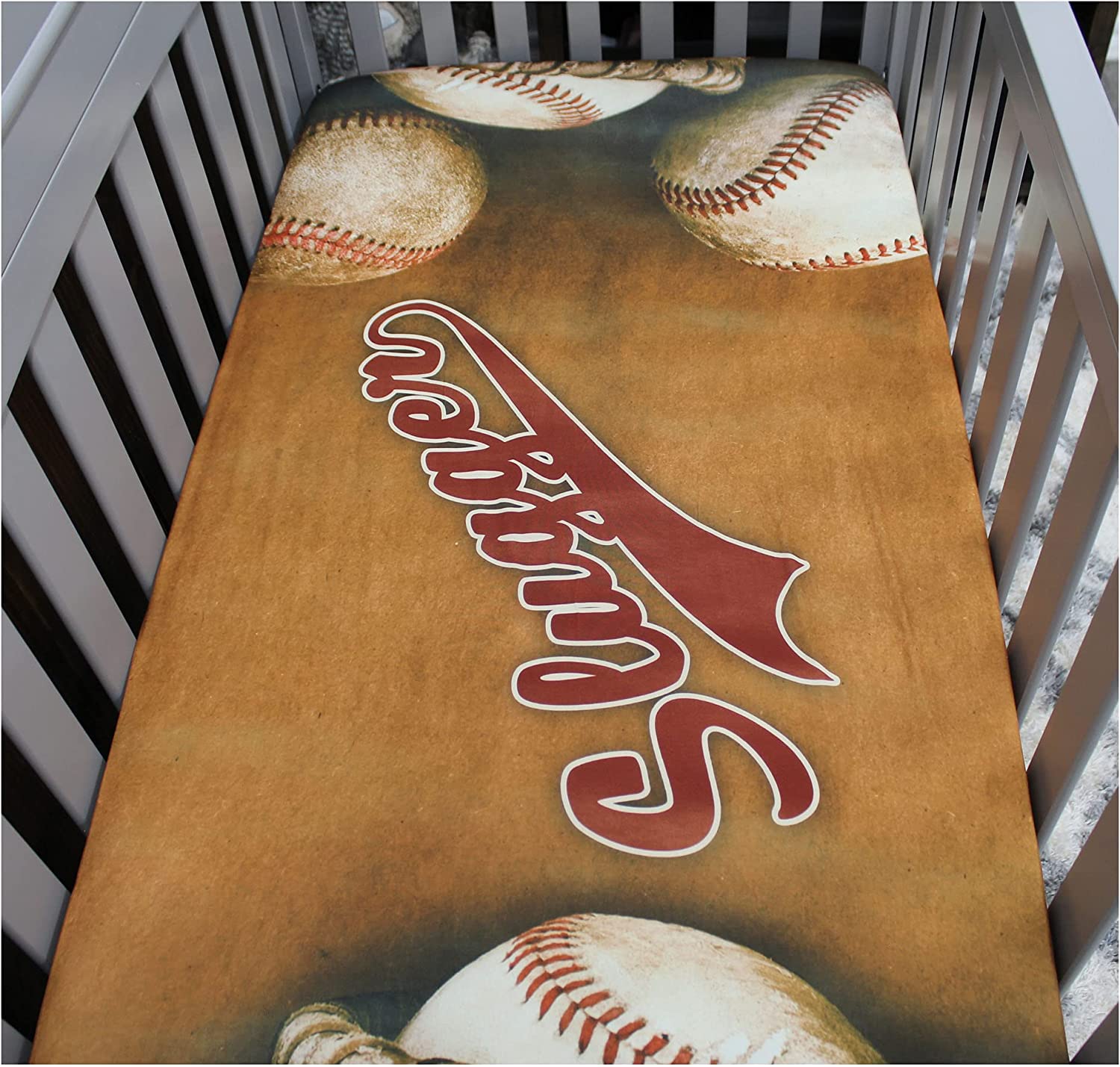 Dear Baby Gear Deluxe Crib Sheet Cotton Polyester Crib Sheets – Slugger Baseball Glove and Baseballs on Brown Print, Exclusive Print, 28 x 52 x 10 Inches
