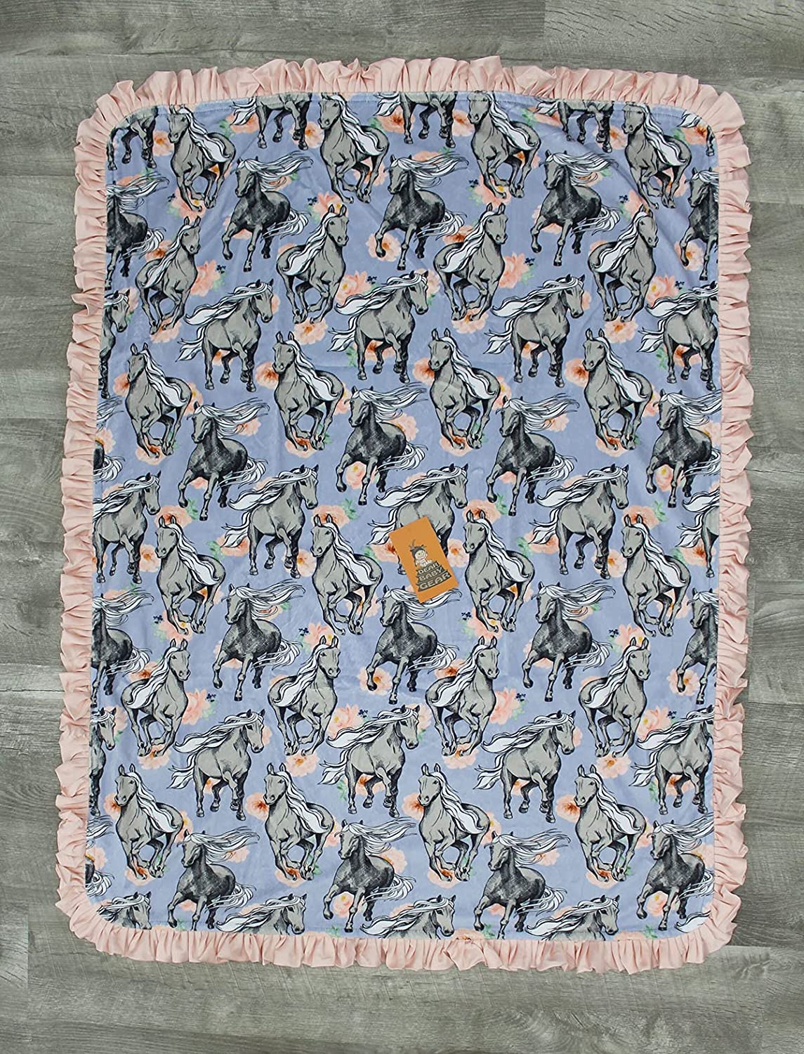 Dear Baby Gear Deluxe Double Layer Soft Minky Baby Blanket – Gray Horses Lavender Pink Peonies Floral / Pink Ruffle, Exclusive Print, 40 x 30 Inches